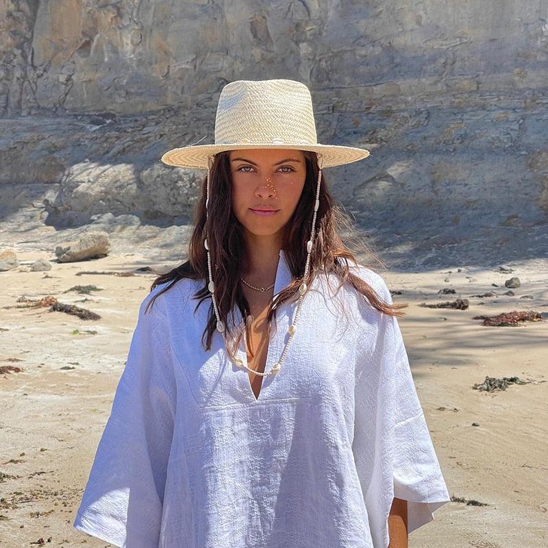 Vintage Seashells Beaded Beach Hats With Chain For Women Elegant Outdoor Ladies Hat Beach Hats Women Seashells Sun Hat Fashion Straw Fedoras Sun Hats Summer Portable Charming Hat Stevvex