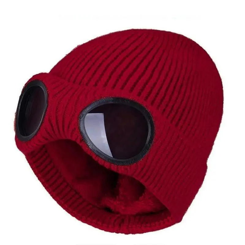 Warm Classic Unisex Wool Knitted Goggles Beanie Comfortable Winter Stylish Hat Outdoor Sports Cap For Men Women New Fashion Multi Function Caps Stevvex
