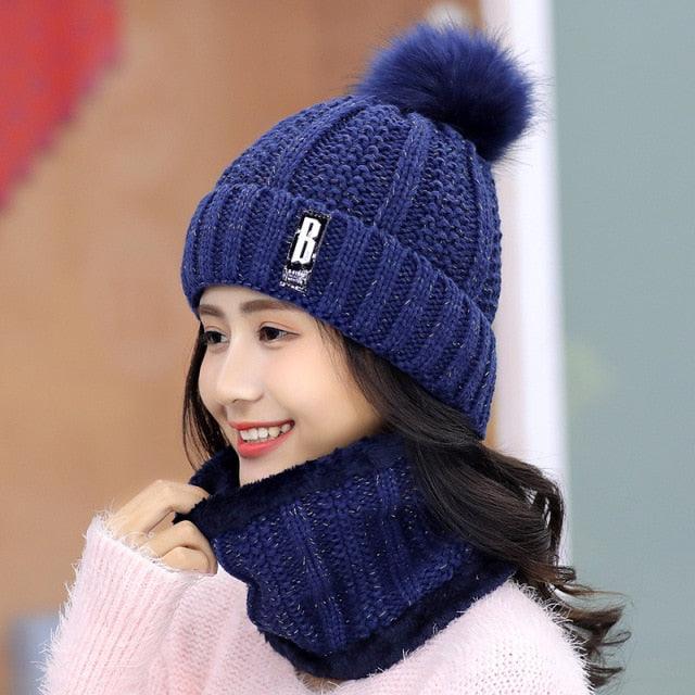 Warm Winter Skellies Beanies Knitted Hat Women Brand High Quality Winter Women Ball Ski Wool Fur Hat Pompoms Hats Knitted Scarf Women's Winter Beanie Hat, Warm Fleece Lined Knitted Soft Ski Cuff Cap with Pompom Stevvex