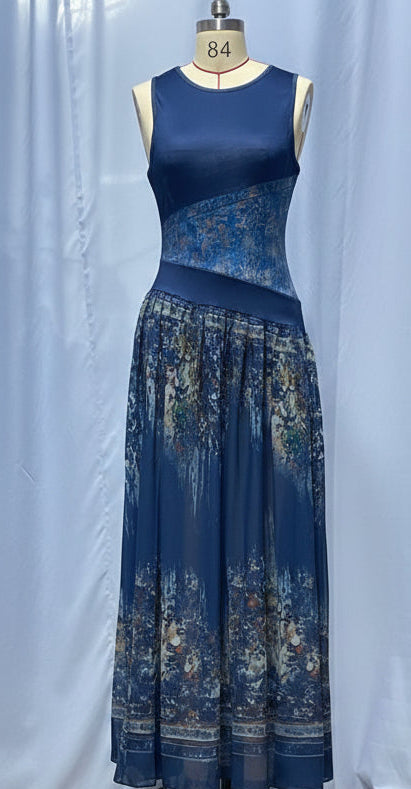 Women's Navy Blue Artistic Print Sleeveless Fitted Bodice Swing Maxi Dress FitiqueFit