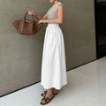 White Cotton Linen Slimming Large Hem Midi Skirt