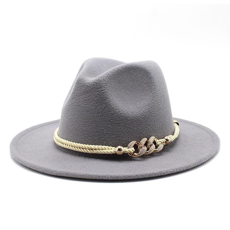White Elegant Wide Brim Simple Hat Summer Women Lady Retro Wide Brim Hat Charming Fedora Hat Solid Color Fedoras Hat With Chain Men Women Cotton Comfortable Jazz Cap 56-58cm Stevvex