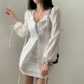 White Ribbed Long Sleeve Shirt Dress with Tie Waist