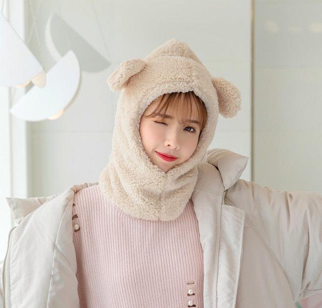Winter Cute Bear Ears Warm Hat Windproof Neck Scarf Cap Student Women Plus Cashmere Cap Unisex Keep Warm Sports Beanies Knitted Headgear Face Hooded Cowl Neckerchief with Drawstring Soft Balaclava Pullover Knitted Beanie Stevvex