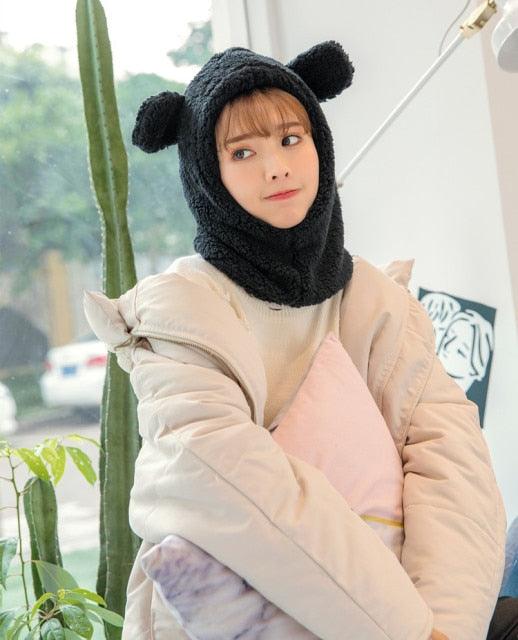 Winter Cute Bear Ears Warm Hat Windproof Neck Scarf Cap Student Women Plus Cashmere Cap Unisex Keep Warm Sports Beanies Knitted Headgear Face Hooded Cowl Neckerchief with Drawstring Soft Balaclava Pullover Knitted Beanie Stevvex