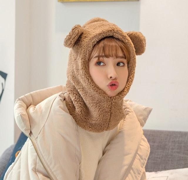 Winter Cute Bear Ears Warm Hat Windproof Neck Scarf Cap Student Women Plus Cashmere Cap Unisex Keep Warm Sports Beanies Knitted Headgear Face Hooded Cowl Neckerchief with Drawstring Soft Balaclava Pullover Knitted Beanie Stevvex