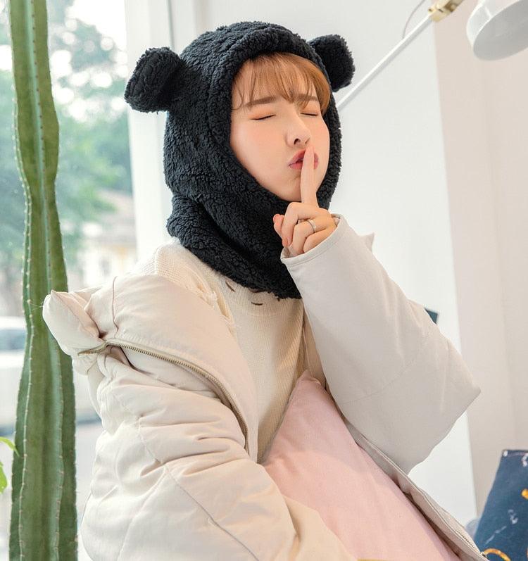 Winter Cute Bear Ears Warm Hat Windproof Neck Scarf Cap Student Women Plus Cashmere Cap Unisex Keep Warm Sports Beanies Knitted Headgear Face Hooded Cowl Neckerchief with Drawstring Soft Balaclava Pullover Knitted Beanie