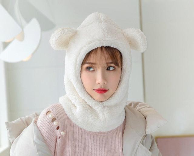 Winter Cute Bear Ears Warm Hat Windproof Neck Scarf Cap Student Women Plus Cashmere Cap Unisex Keep Warm Sports Beanies Knitted Headgear Face Hooded Cowl Neckerchief with Drawstring Soft Balaclava Pullover Knitted Beanie Stevvex