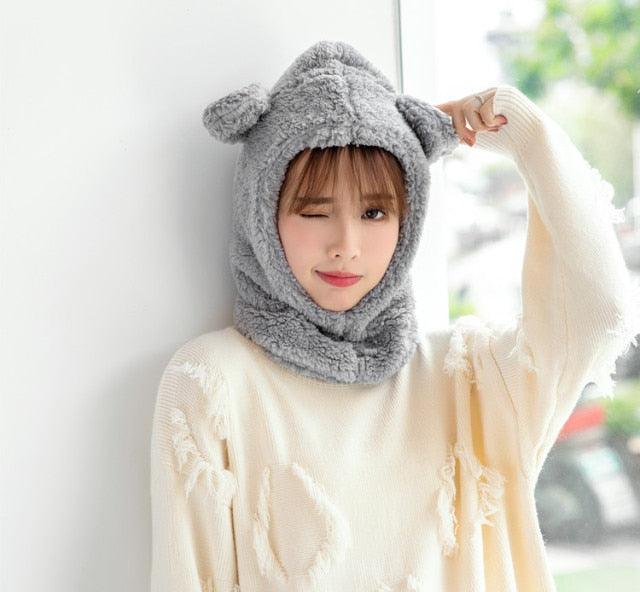 Winter Cute Bear Ears Warm Hat Windproof Neck Scarf Cap Student Women Plus Cashmere Cap Unisex Keep Warm Sports Beanies Knitted Headgear Face Hooded Cowl Neckerchief with Drawstring Soft Balaclava Pullover Knitted Beanie Stevvex