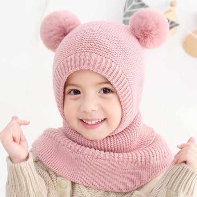 Winter Hat Beanies Boys Beanie Two Hairball Child Knit Fur Hats Protect Face Neck Kids Girls Earflap Caps Pompom Hat Knitted Ski Beanie Hat Double Pompom Beanie Cap for Girls Boys Kids Beanie Winter Hat Baby Kids Infant Toddler Stevvex