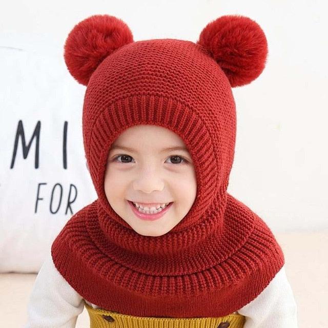 Winter Hat Beanies Boys Beanie Two Hairball Child Knit Fur Hats Protect Face Neck Kids Girls Earflap Caps Pompom Hat Knitted Ski Beanie Hat Double Pompom Beanie Cap for Girls Boys Kids Beanie Winter Hat Baby Kids Infant Toddler Stevvex