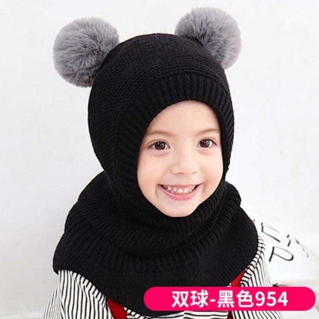 Winter Hat Beanies Boys Beanie Two Hairball Child Knit Fur Hats Protect Face Neck Kids Girls Earflap Caps Pompom Hat Knitted Ski Beanie Hat Double Pompom Beanie Cap for Girls Boys Kids Beanie Winter Hat Baby Kids Infant Toddler Stevvex