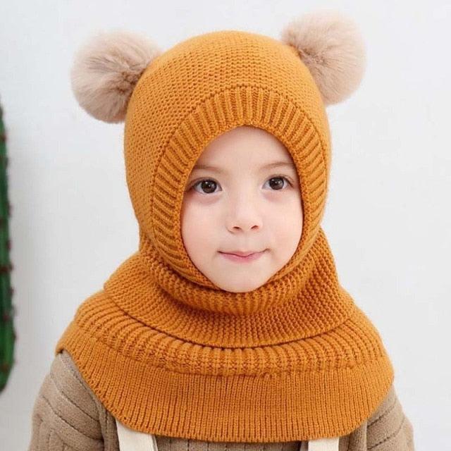 Winter Hat Beanies Boys Beanie Two Hairball Child Knit Fur Hats Protect Face Neck Kids Girls Earflap Caps Pompom Hat Knitted Ski Beanie Hat Double Pompom Beanie Cap for Girls Boys Kids Beanie Winter Hat Baby Kids Infant Toddler Stevvex
