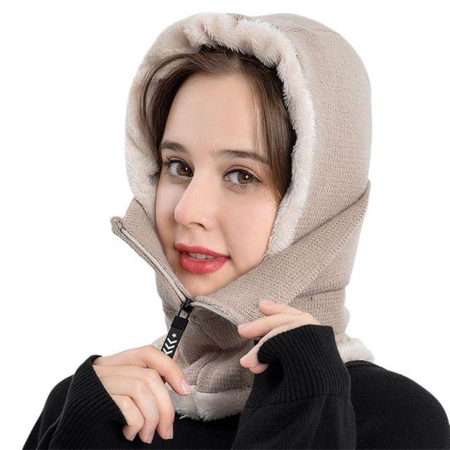 Winter Women 3 in 1 Knitted Ski Hat With Scarf Neck Warmer Fleece Lined Hood Face Mask Adult Balaclava For Outdoor Sports Balaclava Wind-Resistant Winter Face Mask Fleece Ski Mask for Men and Women Warm Face Cover Hat Cap Scarf Stevvex