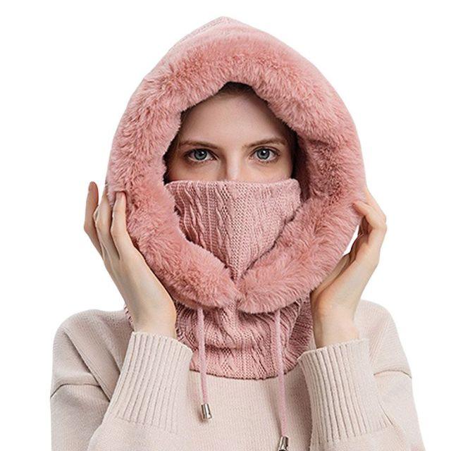 Winter Women 3 in 1 Knitted Ski Hat With Scarf Neck Warmer Fleece Lined Hood Face Mask Adult Balaclava For Outdoor Sports Balaclava Wind-Resistant Winter Face Mask Fleece Ski Mask for Men and Women Warm Face Cover Hat Cap Scarf Stevvex
