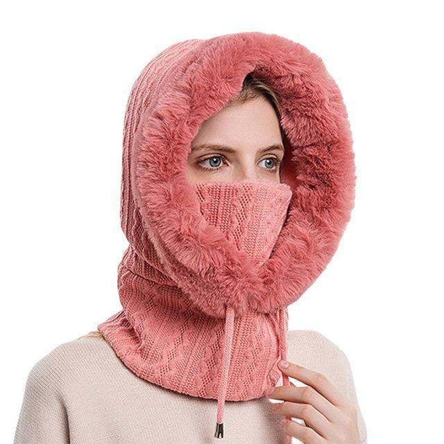Winter Women 3 in 1 Knitted Ski Hat With Scarf Neck Warmer Fleece Lined Hood Face Mask Adult Balaclava For Outdoor Sports Balaclava Wind-Resistant Winter Face Mask Fleece Ski Mask for Men and Women Warm Face Cover Hat Cap Scarf Stevvex