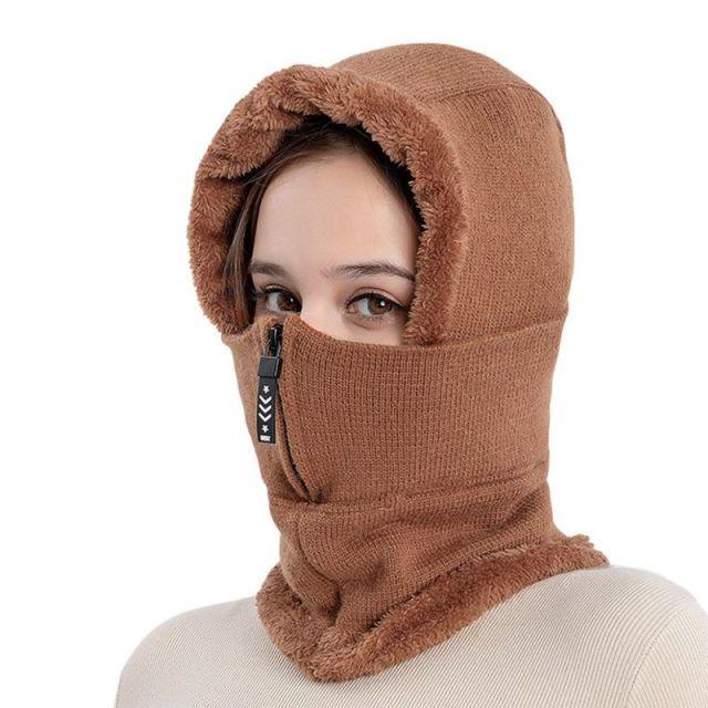 Winter Women 3 in 1 Knitted Ski Hat With Scarf Neck Warmer Fleece Lined Hood Face Mask Adult Balaclava For Outdoor Sports Balaclava Wind-Resistant Winter Face Mask Fleece Ski Mask for Men and Women Warm Face Cover Hat Cap Scarf Stevvex