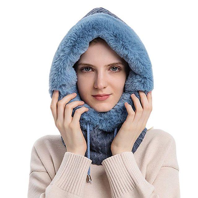 Winter Women 3 in 1 Knitted Ski Hat With Scarf Neck Warmer Fleece Lined Hood Face Mask Adult Balaclava For Outdoor Sports Balaclava Wind-Resistant Winter Face Mask Fleece Ski Mask for Men and Women Warm Face Cover Hat Cap Scarf Stevvex