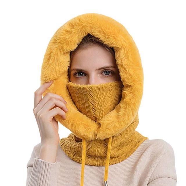Winter Women 3 in 1 Knitted Ski Hat With Scarf Neck Warmer Fleece Lined Hood Face Mask Adult Balaclava For Outdoor Sports Balaclava Wind-Resistant Winter Face Mask Fleece Ski Mask for Men and Women Warm Face Cover Hat Cap Scarf Stevvex