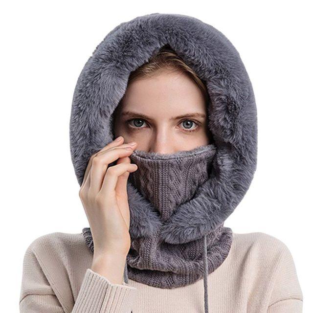 Winter Women 3 in 1 Knitted Ski Hat With Scarf Neck Warmer Fleece Lined Hood Face Mask Adult Balaclava For Outdoor Sports Balaclava Wind-Resistant Winter Face Mask Fleece Ski Mask for Men and Women Warm Face Cover Hat Cap Scarf Stevvex