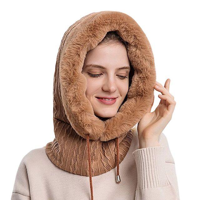 Winter Women 3 in 1 Knitted Ski Hat With Scarf Neck Warmer Fleece Lined Hood Face Mask Adult Balaclava For Outdoor Sports Balaclava Wind-Resistant Winter Face Mask Fleece Ski Mask for Men and Women Warm Face Cover Hat Cap Scarf Stevvex