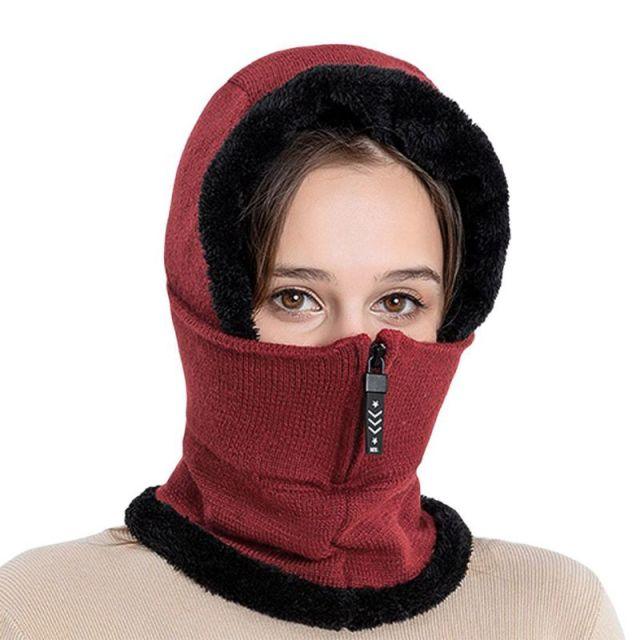 Winter Women 3 in 1 Knitted Ski Hat With Scarf Neck Warmer Fleece Lined Hood Face Mask Adult Balaclava For Outdoor Sports Balaclava Wind-Resistant Winter Face Mask Fleece Ski Mask for Men and Women Warm Face Cover Hat Cap Scarf Stevvex