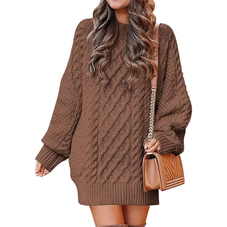 Women Crewneck Long Sleeve Oversized Cable Knit Chunky Pullover Short Sweater Dresses DailySale