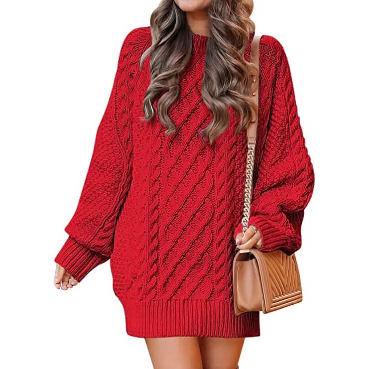 Women Crewneck Long Sleeve Oversized Cable Knit Chunky Pullover Short Sweater Dresses DailySale