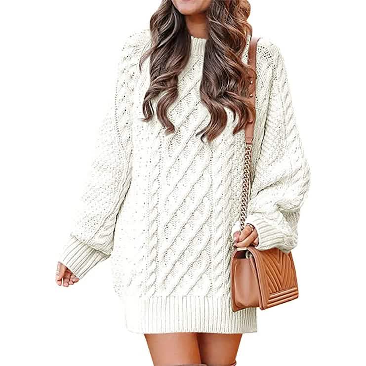 Women Crewneck Long Sleeve Oversized Cable Knit Chunky Pullover Short Sweater Dresses DailySale