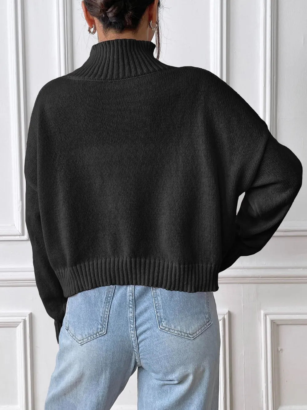 Women's autumn and winter high neck pullover sweater solid color loose casual base sweater
