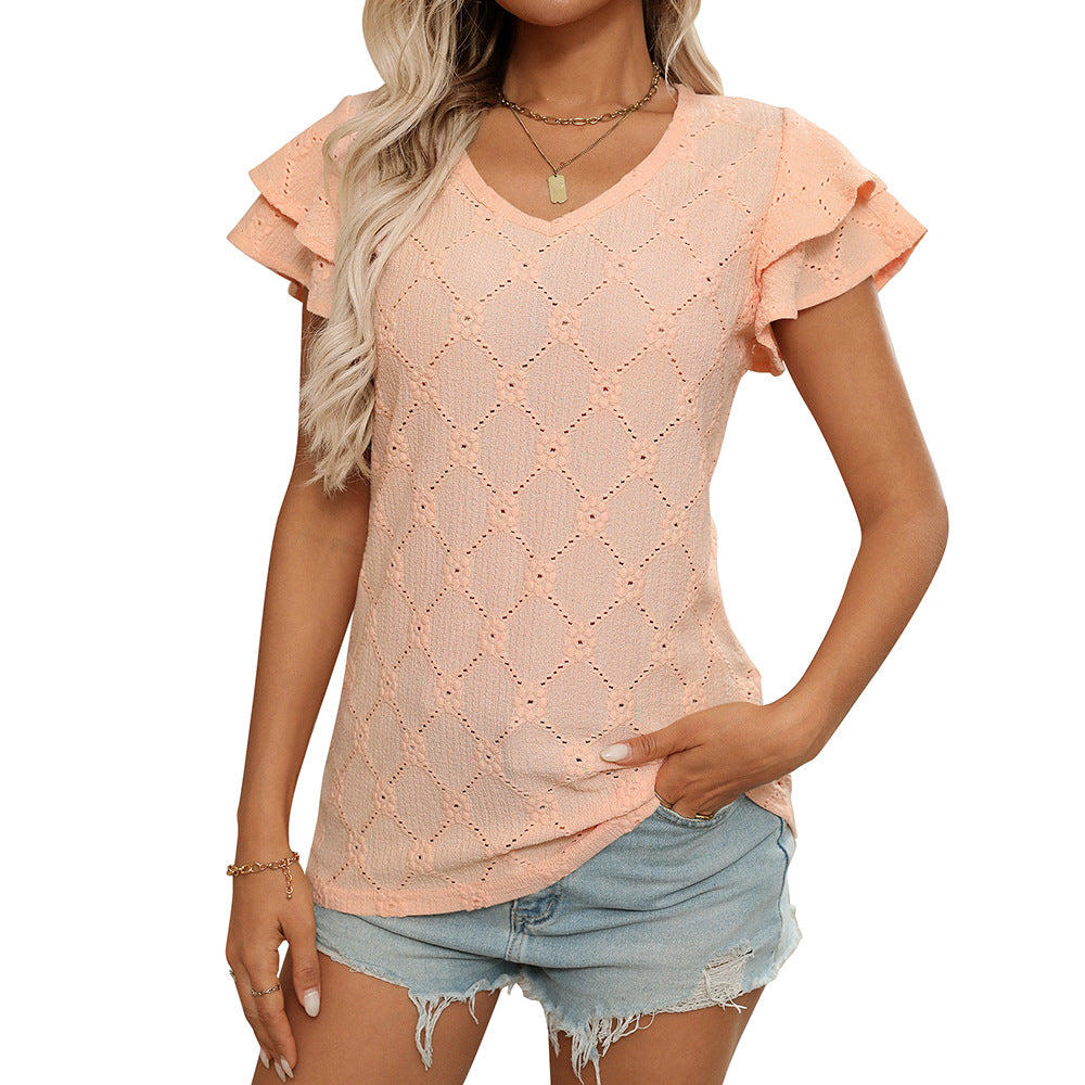 Women's European and American V-neck sweet short sleeved T-shirt hollowed out top V.I.P Digital Presence