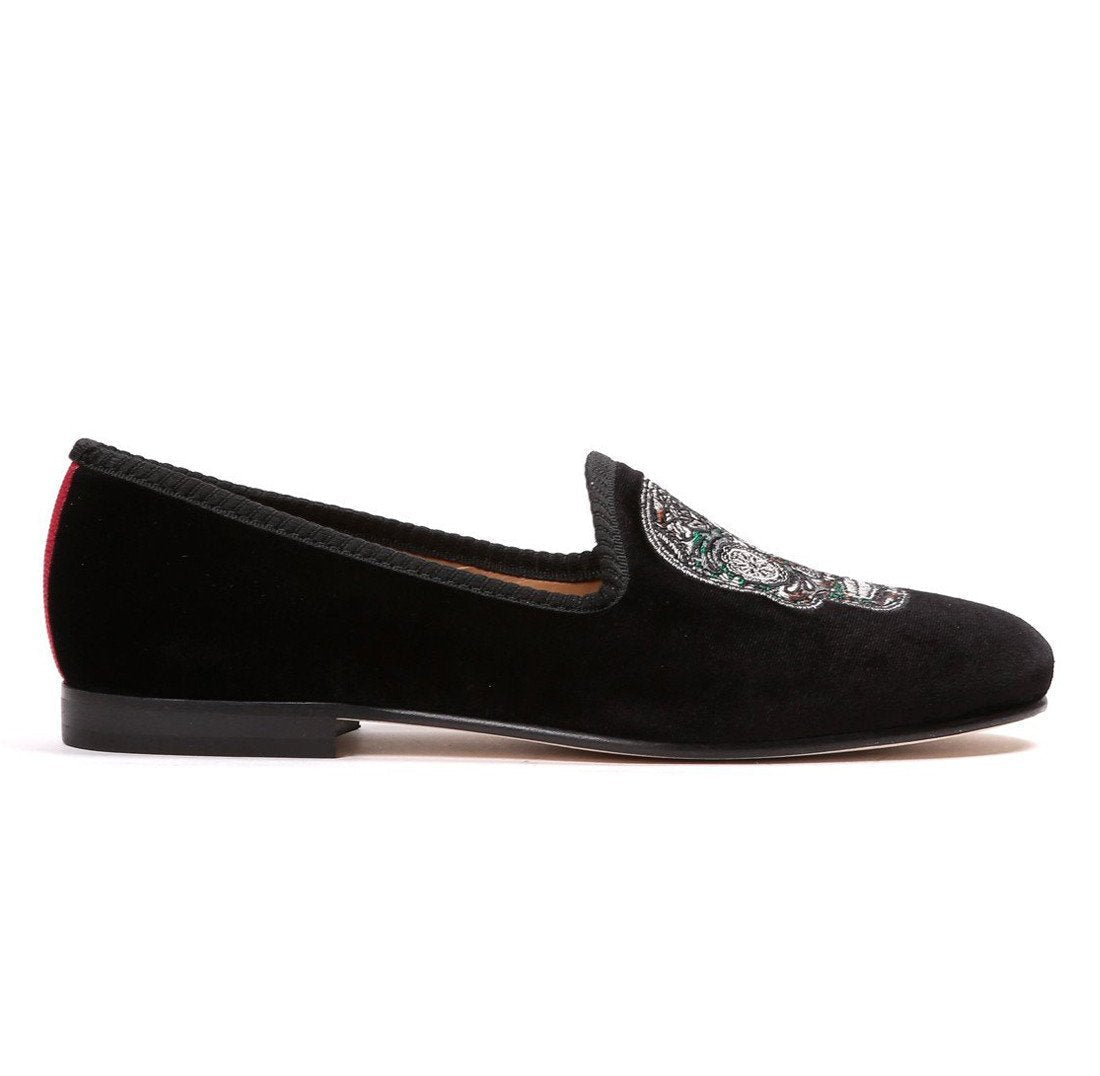 Women's Black Velvet Green Camo Skull Slipper Del Toro Shoes
