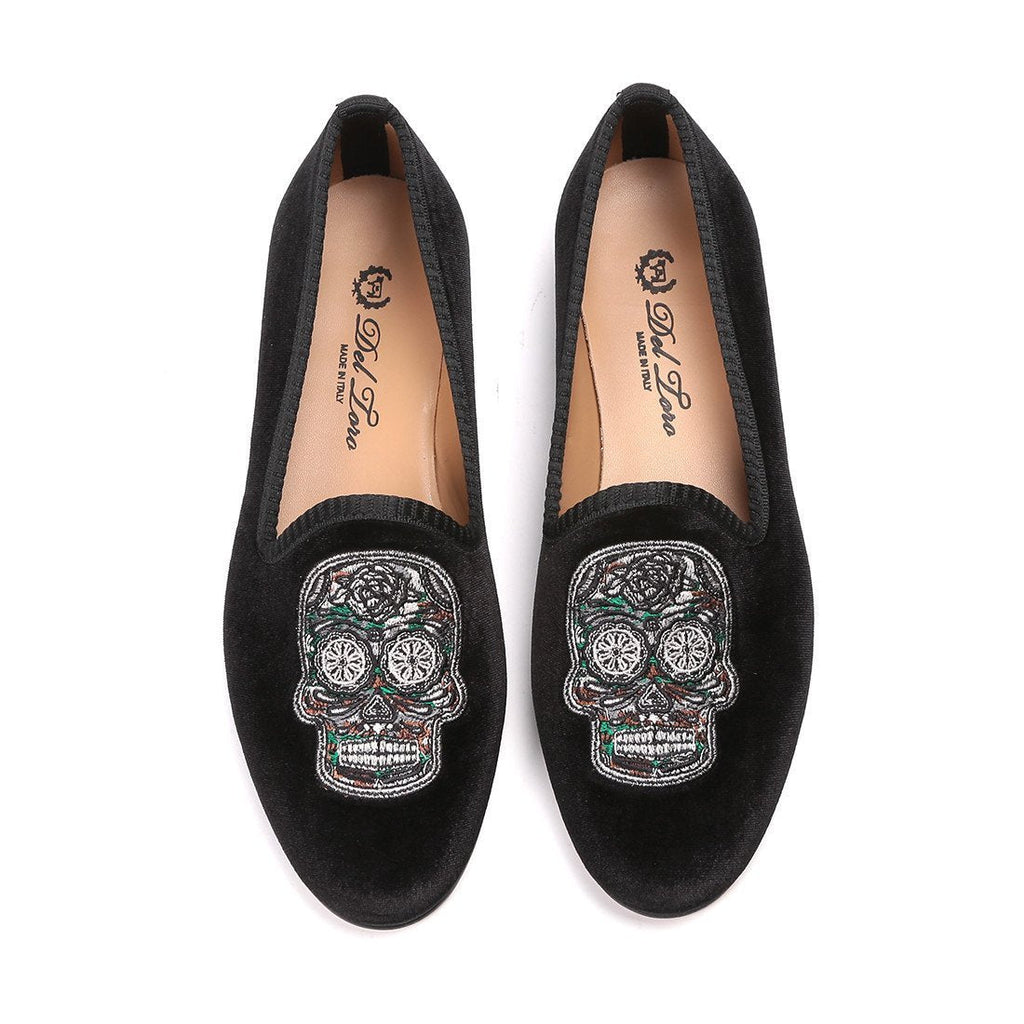 Women's Black Velvet Green Camo Skull Slipper Del Toro Shoes