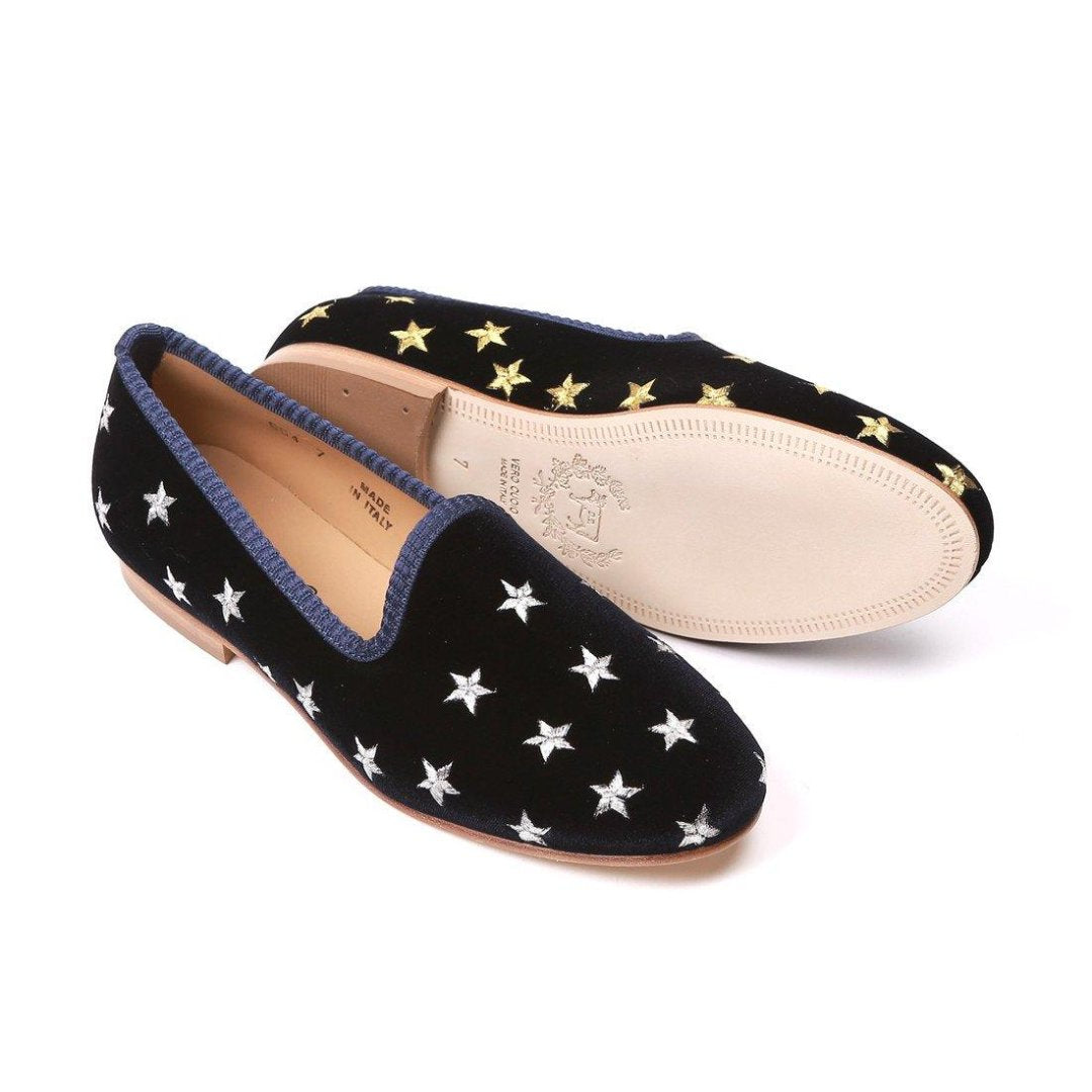 Women's Navy Velvet Gold & Silver Star Slipper Del Toro Shoes
