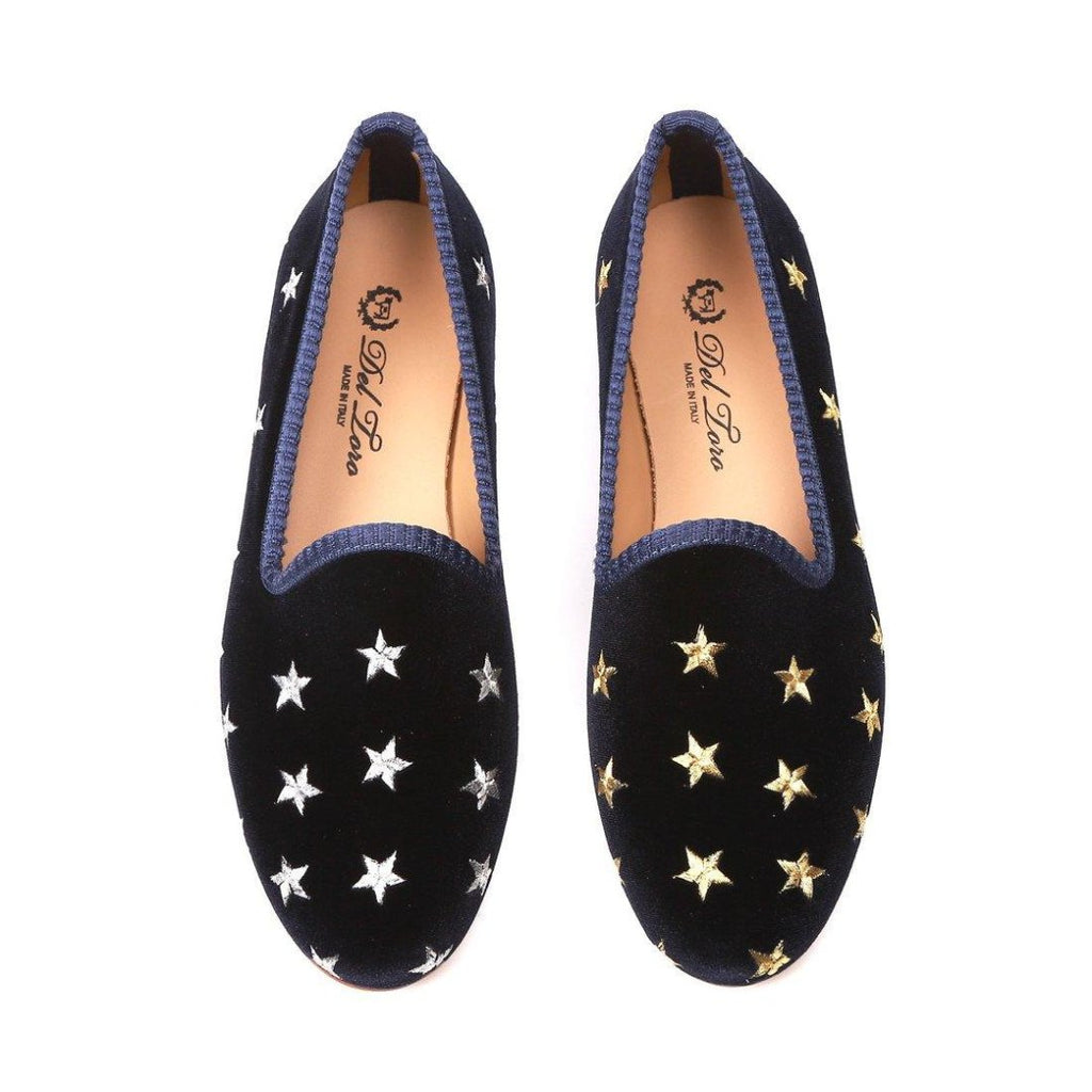 Women's Navy Velvet Gold & Silver Star Slipper Del Toro Shoes