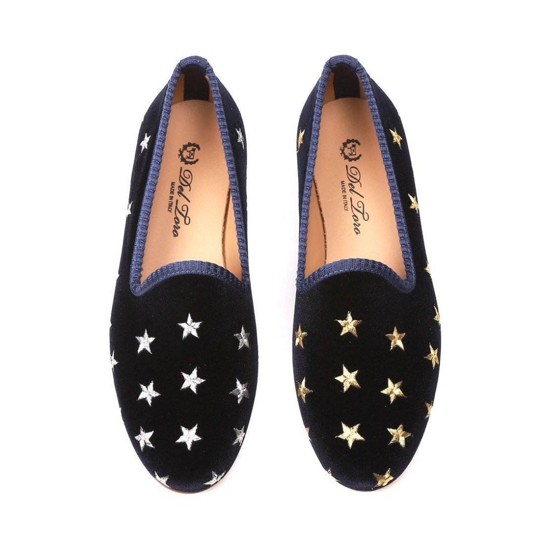 Women's Navy Velvet Gold & Silver Star Slipper Del Toro Shoes