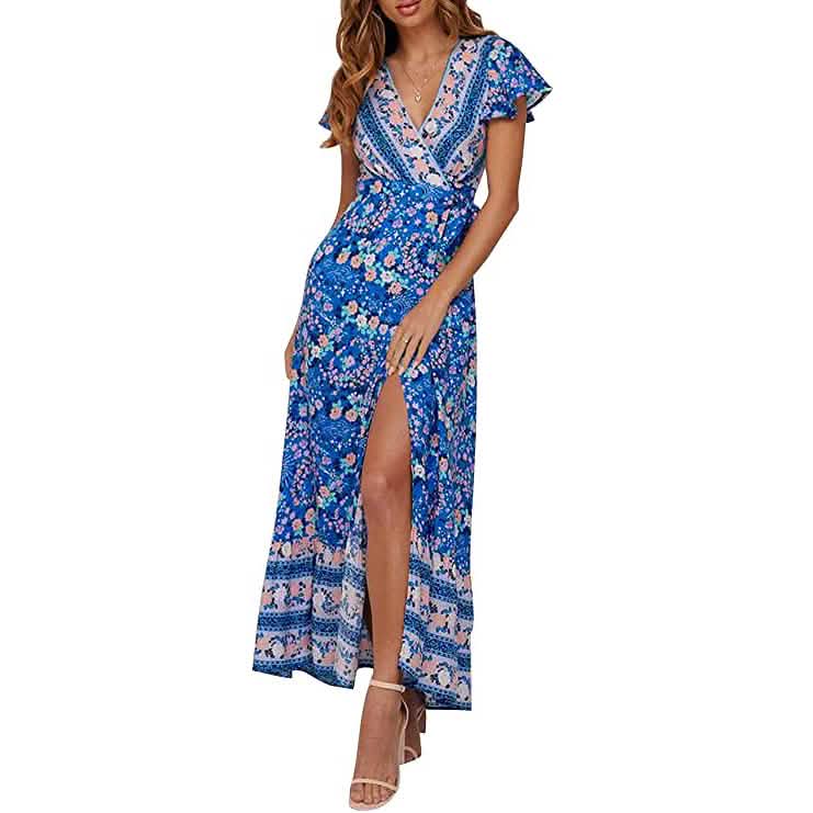 Women's Bohemian Floral Printed Wrap V Neck Maxi Dress DailySale
