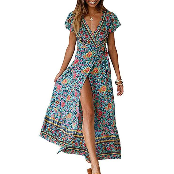 Women's Bohemian Floral Printed Wrap V Neck Maxi Dress DailySale