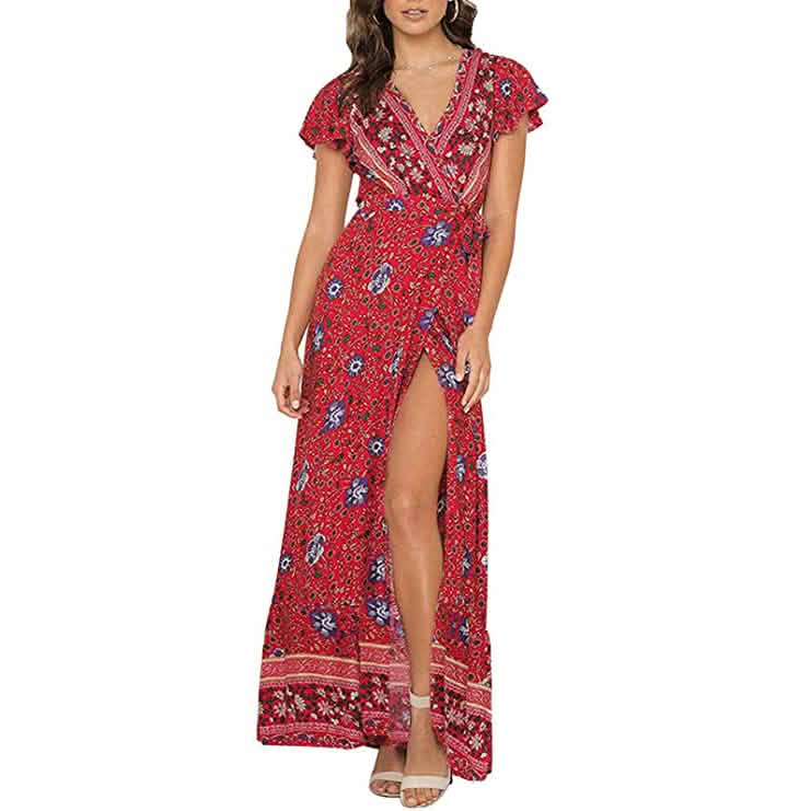 Women's Bohemian Floral Printed Wrap V Neck Maxi Dress DailySale