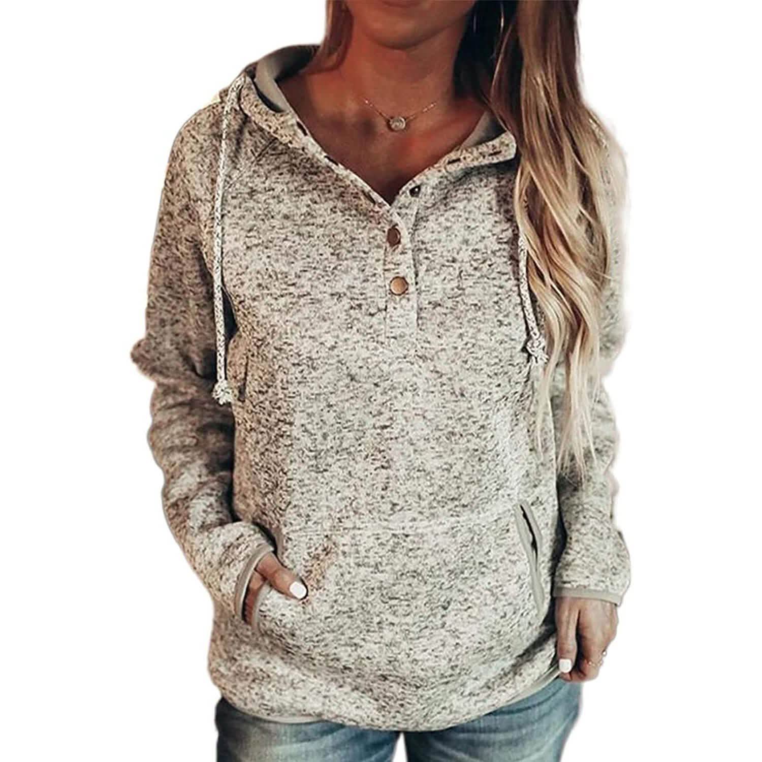 Womens Button Collar Drawstring Stitching Sweatshirts Hoodies Pullover DailySale