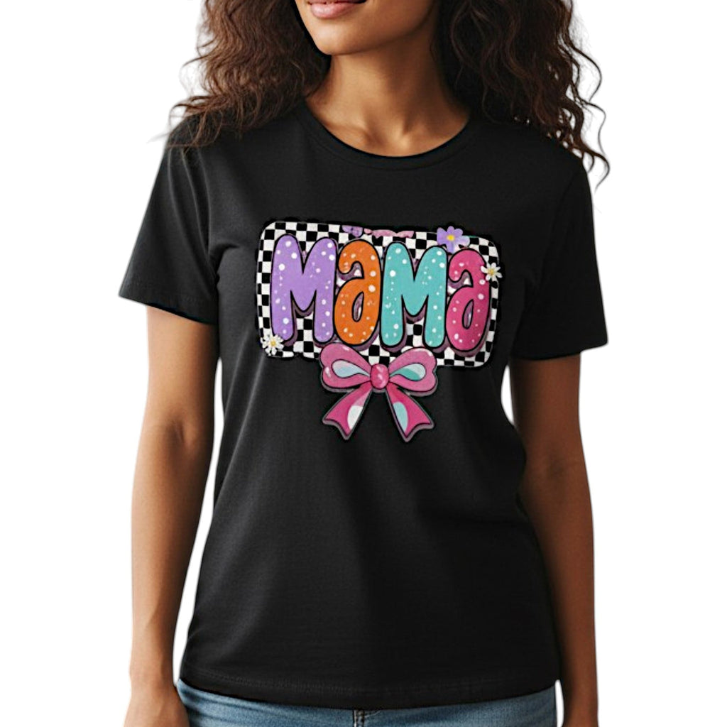 Mama T-Shirt Checkerboard Bow Graphic Tee 100% Cotton Casual Top Dashing Nova