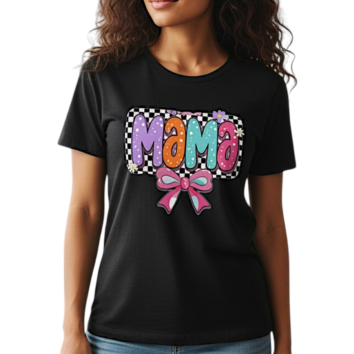 Mama T-Shirt Checkerboard Bow Graphic Tee 100% Cotton Casual Top Dashing Nova