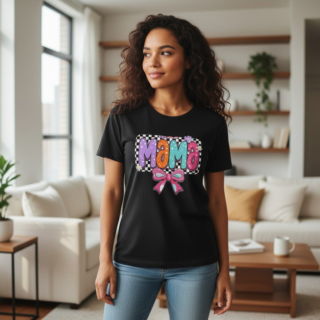 Mama T-Shirt Checkerboard Bow Graphic Tee 100% Cotton Casual Top Dashing Nova
