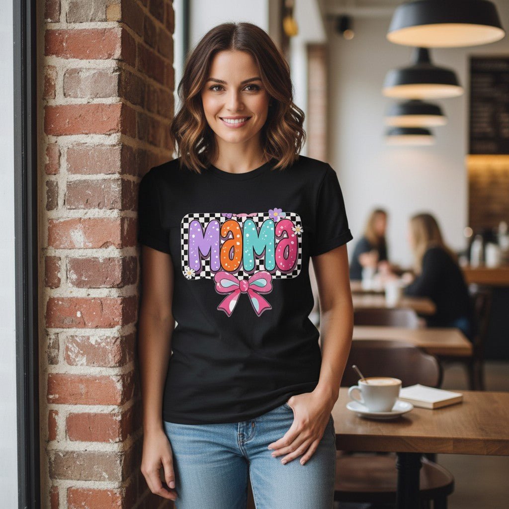 Mama T-Shirt Checkerboard Bow Graphic Tee 100% Cotton Casual Top Dashing Nova
