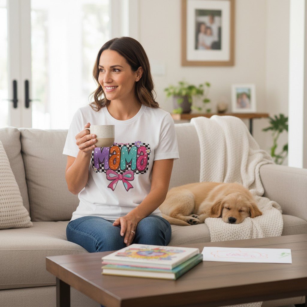 Mama T-Shirt Checkerboard Bow Graphic Tee 100% Cotton Casual Top Dashing Nova