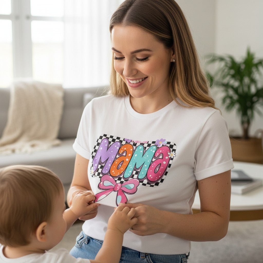 Mama T-Shirt Checkerboard Bow Graphic Tee 100% Cotton Casual Top Dashing Nova