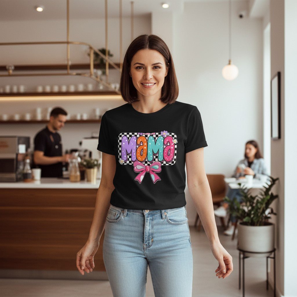 Mama T-Shirt Checkerboard Bow Graphic Tee 100% Cotton Casual Top Dashing Nova