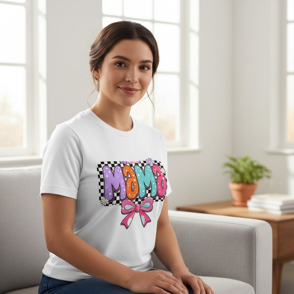 Mama T-Shirt Checkerboard Bow Graphic Tee 100% Cotton Casual Top Dashing Nova