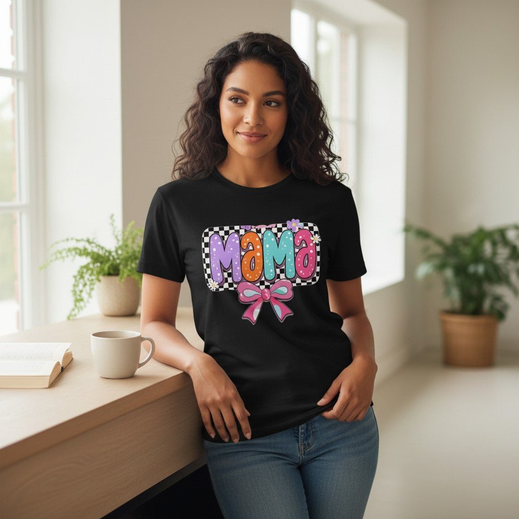 Mama T-Shirt Checkerboard Bow Graphic Tee 100% Cotton Casual Top Dashing Nova