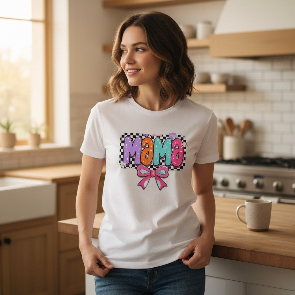 Mama T-Shirt Checkerboard Bow Graphic Tee 100% Cotton Casual Top Dashing Nova
